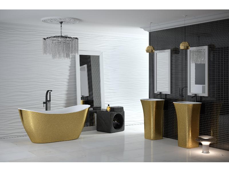 vana volně stojící z litého mramoru VIYA 1600x700 mm, GLAM01 zlatá barva / bílá barva, sifon chrom