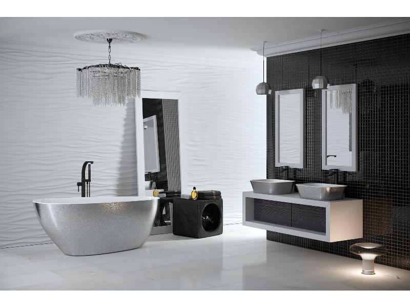 vana volně stojící z lit. mramoru GOYA 1600x700 mm, GLAM02 stříbrná barva / bílá barva, sifon chrom