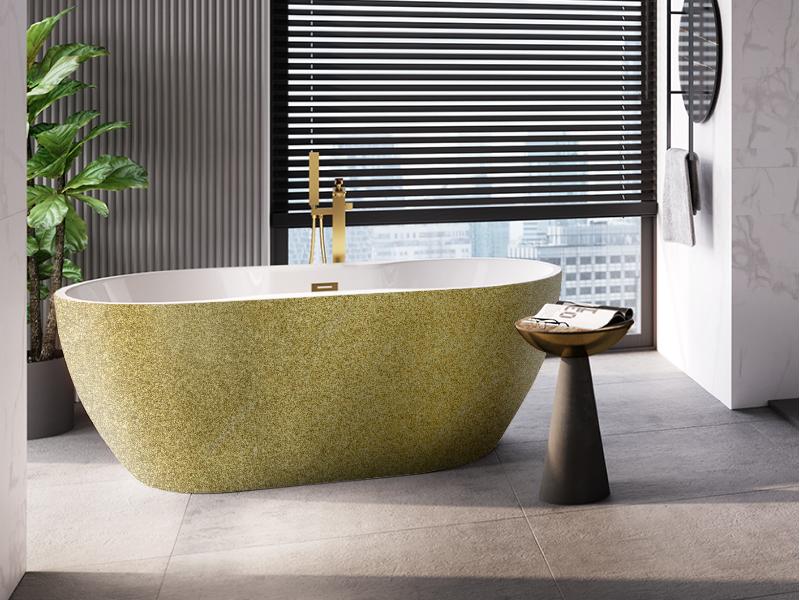 vana volně stojící NAVIA, 1400 × 750 mm, GLAM01 zlatá barva/bílá barva, sifon chrom