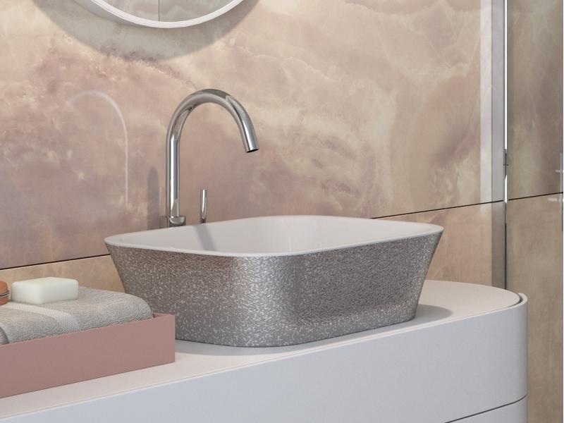 umyvadlo na desku ASSOS, z litého mramoru, 520x410x150 mm, GLAM02 sříbrná barva / bílá barva