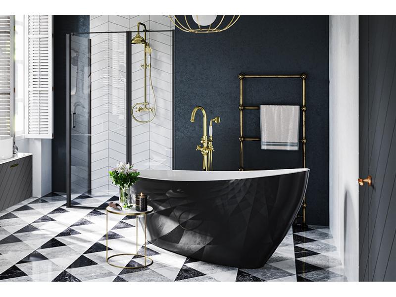 vana volně stojící z litého mramoru KEYA 1650x700 mm, černá / bílá barva, sifon chrom