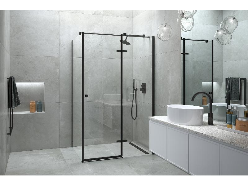 PIXA BLACK, obdélník, 120 × 90 × 195 cm, pravé provedení, černá barva, čiré sklo