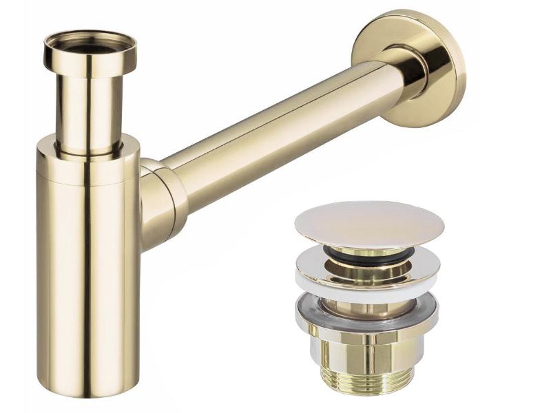 Umyvadlový kovový sifon s click/clack zátkou, univerzální, zlatá světlá