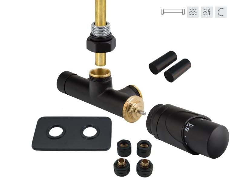 ONE-SADA, 1-bodový ventil s hlavicí+svěrné šroub.Cu+Al-Pex, mosaz.rozeta+krycí trubičky,černá barva