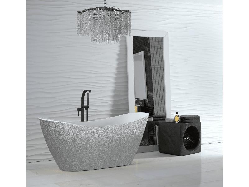 vana volně stojící z litého mramoru VIYA 1600x700 mm, GLAM02 stříbrná barva/bílá barva, sifon chrom