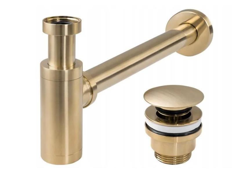 Umyvadlový kovový sifon s click/clack zátkou, univerzální, zlatá matná-broušená