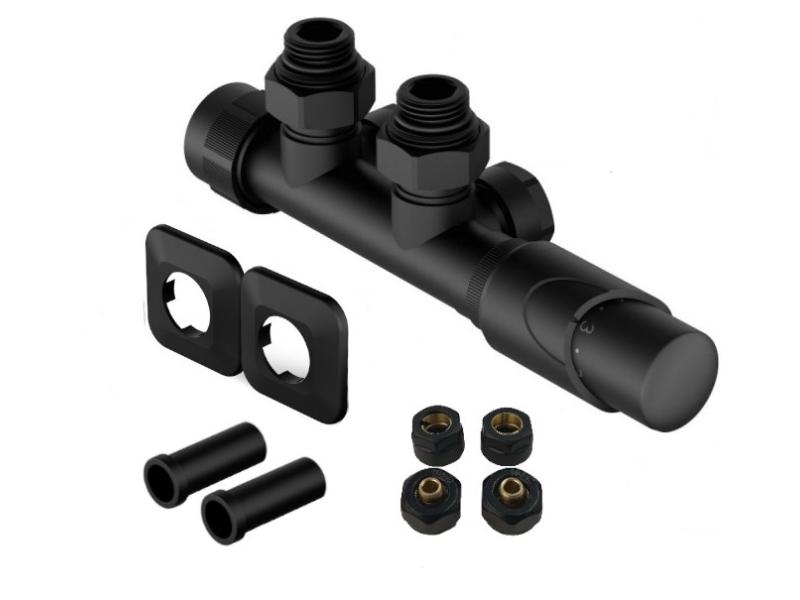 HYBRID-SADA, střed.ventil s hlavicí+svěrné šroub.Cu+Al-Pex, plast.rozeta+krycí trubičky,černá barva