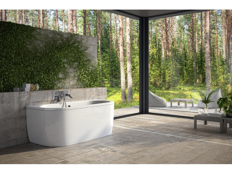 vana volně stojící ze sanitárního kompozitu VOLYA, 1500 × 750 mm, bílá barva, sifon chrom