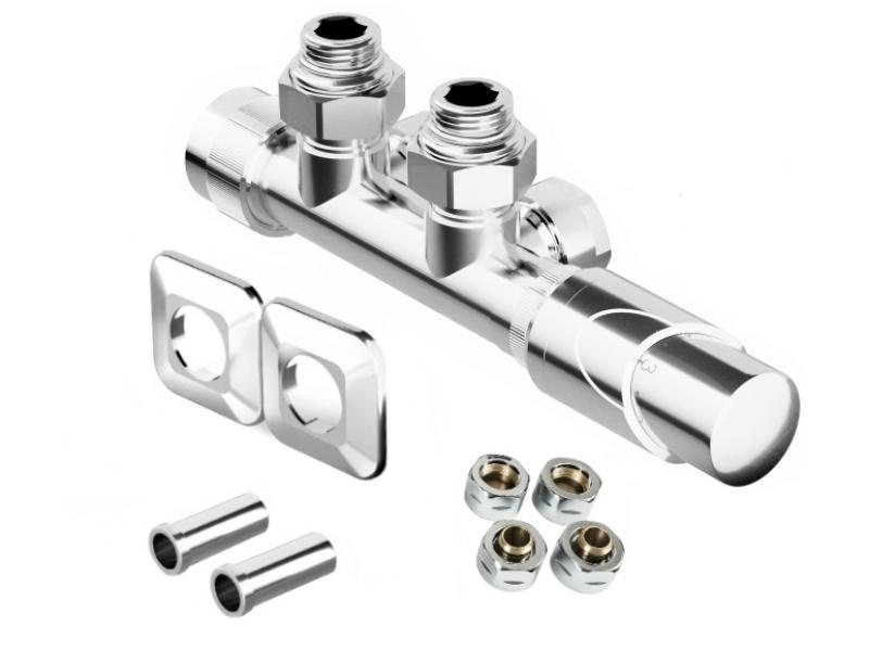 HYBRID-SADA, střed.ventil s hlavicí+svěrné šroub.Cu+Al-Pex, plast.rozeta+krycí trubičky,chrom