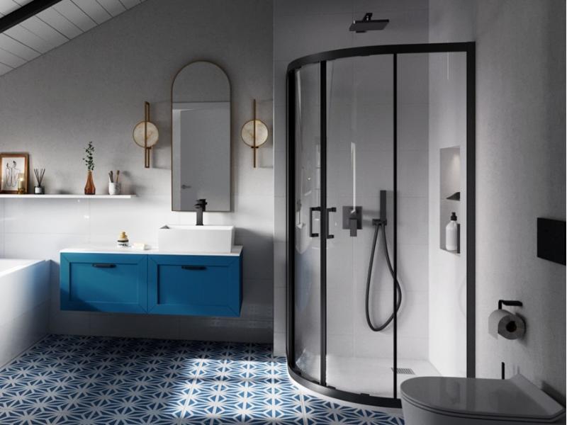 MODERN BLACK 190, čtvrtkruhový kout 90x90x190 cm, R550, černá barva, čiré sklo 6 mm