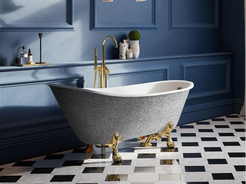 vana volně stojící OLAYA, 1600 × 680 mm, GLAM02 stříbrná barva/bílá barva, nohy bílá barva