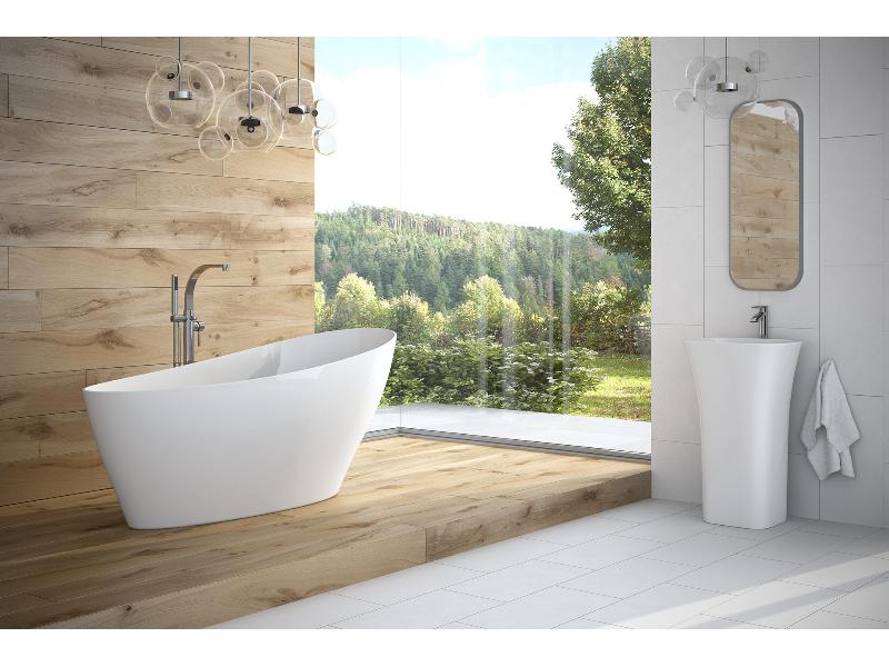 vana volně stojící z litého mramoru KEYA 1650x700 mm, bílá barva, sifon chrom