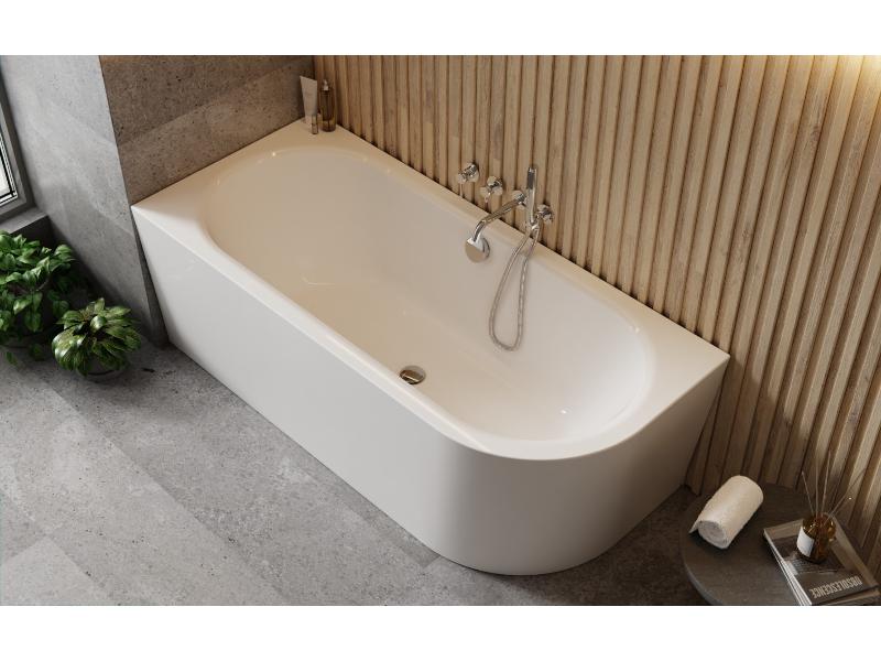 vana volně stojící AVITA A-LINE, 1500 × 750 mm, bílá, levá, černý sifon s napouštěním přepadem