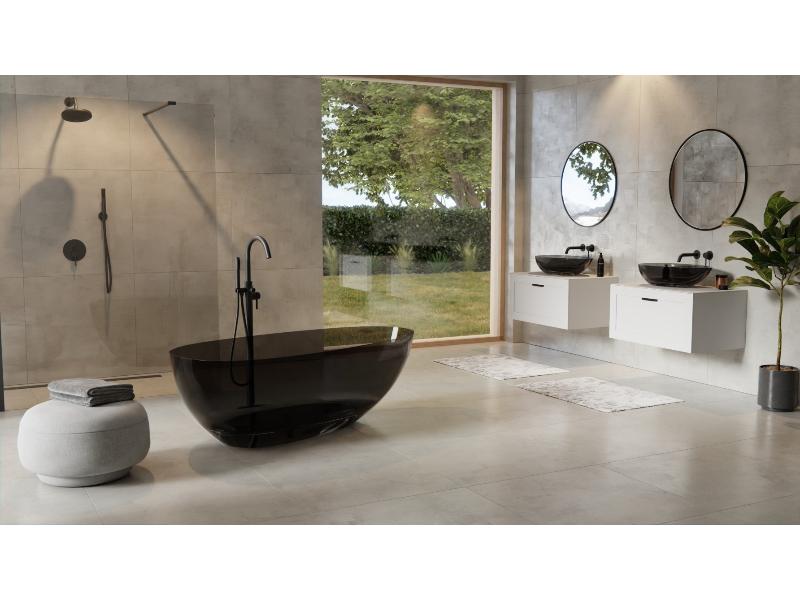 vana volně stojící ze san. kompozitu XARA, 1600 x 750 mm, černá barva, bílý sifon