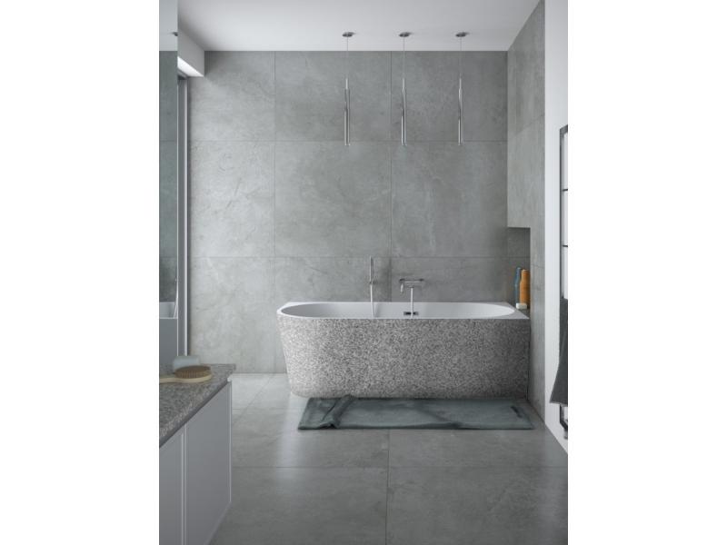 vana volně stojící ZOYA, 1500 × 750 mm, pravá, GLAM02 stříbrná barva/bílá barva, sifon bílá barva