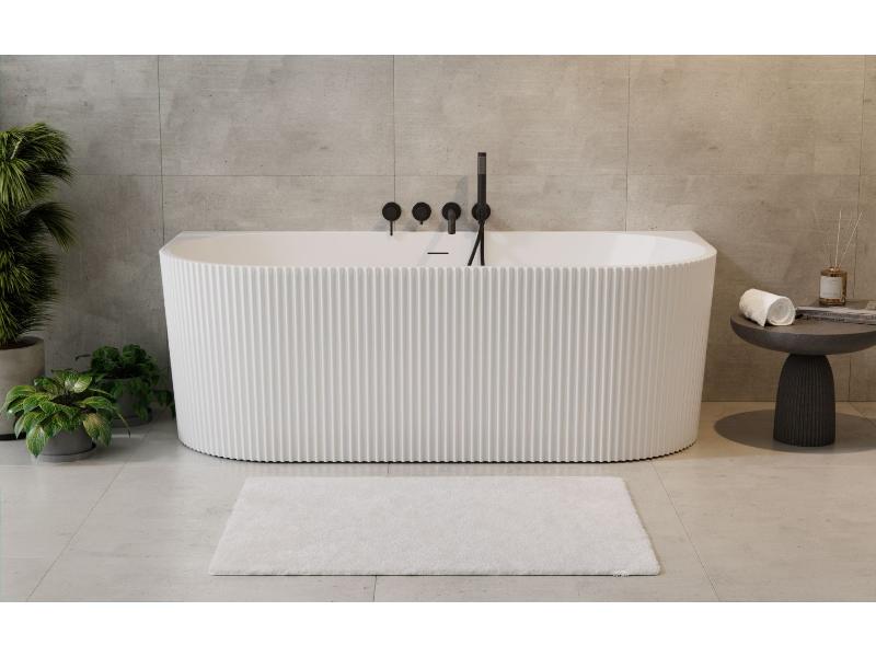 vana volně stojící LEYA, 1500 × 750 mm, bílá barva, černý sifon s přepadem