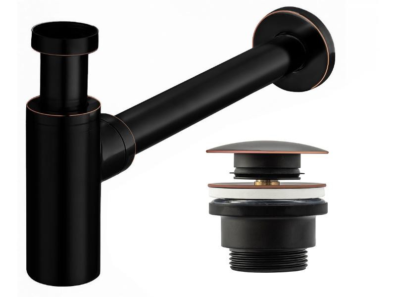 Umyvadlový kovový sifon s click/clack zátkou, univerzální, černá s patinou