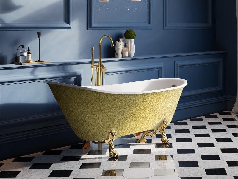 vana volně stojící OLAYA, 1600 × 680 mm, GLAM01 zlatá barva/bílá barva, nohy chrom