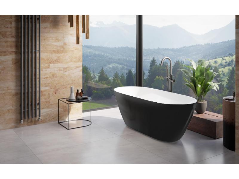 vana volně stojící MOYA, 1600 × 680 mm, černá lesklá/bílá barva, sifon grafitová