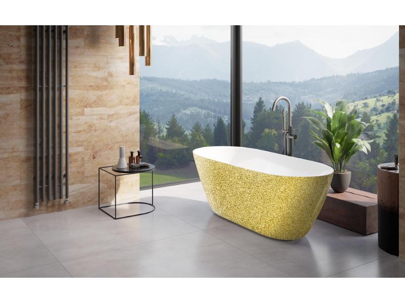 vana volně stojící MOYA, 1600 × 680 mm, GLAM01 zlatá barva/bílá barva, sifon chrom