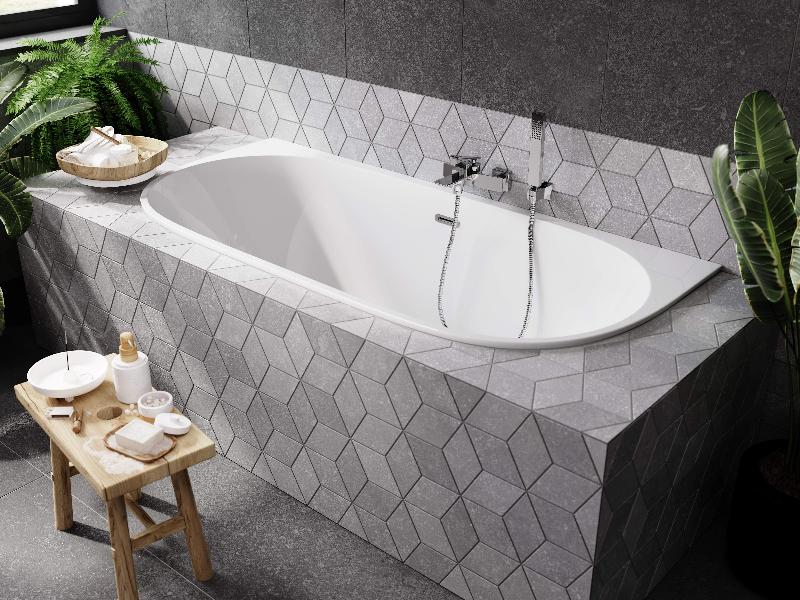 asymetrická vana VICA SLIM+, 1700 × 800 mm, bílá barva, sifon chrom