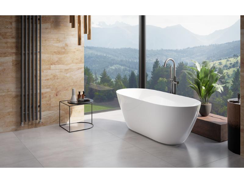 vana volně stojící z litého mramoru MOYA, 1600 × 680 mm, bílá lesklá barva, sifon zlatá barva