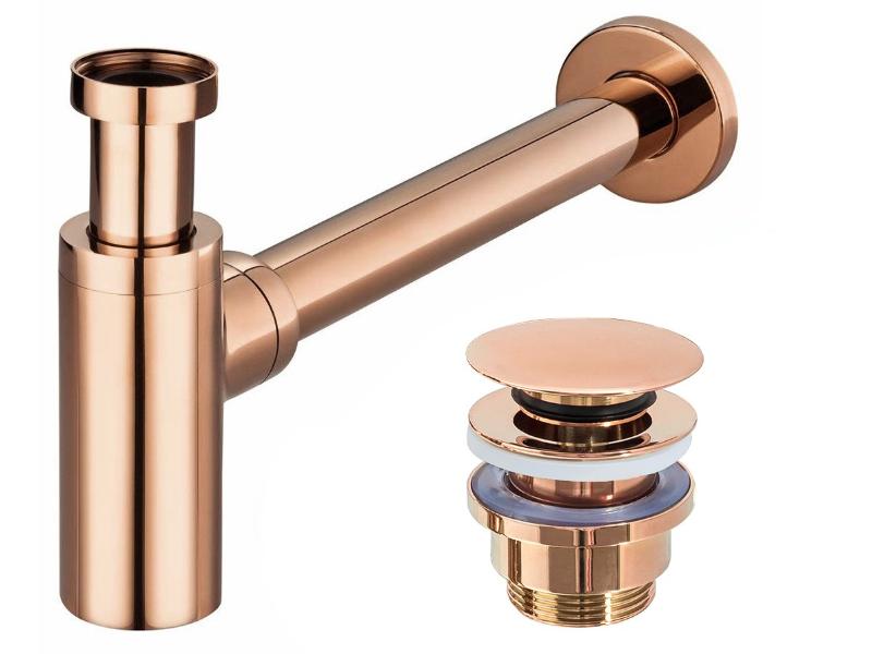 Umyvadlový kovový sifon s click/clack zátkou, univerzální, zlatá růžová