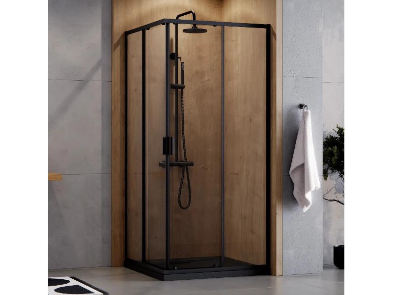 Sprchový čtvercový kout ZARYA BLACK 90x90x190, černá mat, včetně vaničky AXIM STONE EFFECT