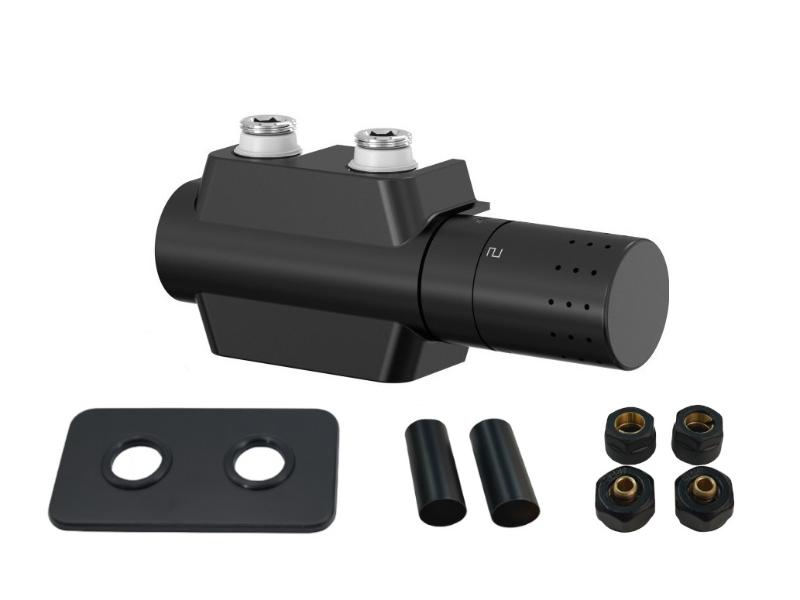 UNI-SADA, střed.ventil s hlavicí+svěrné šroub.Cu+Al-Pex, mosaz.rozeta+krycí trubičky,černá barva