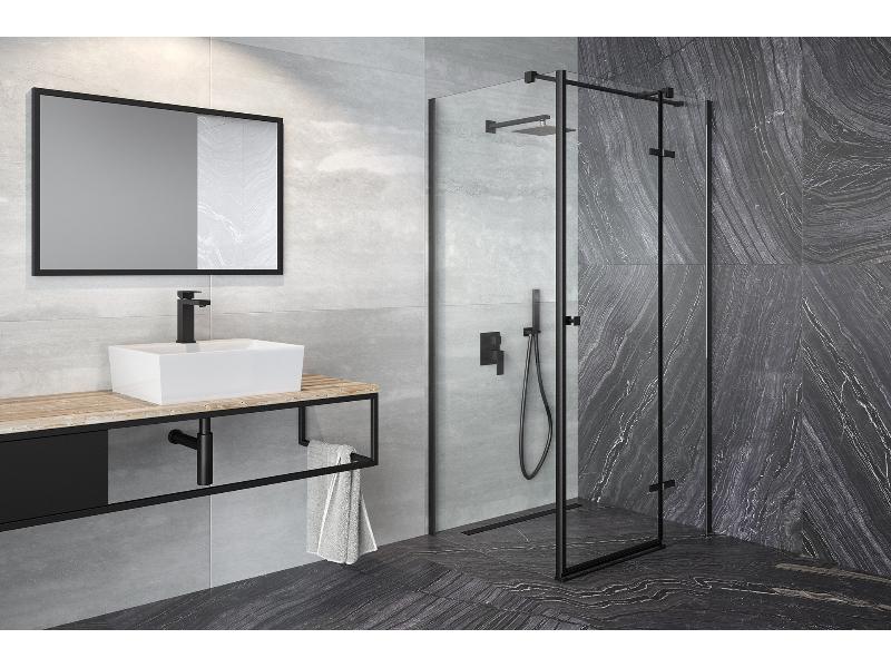 PIXA BLACK, čtverec, 90 × 90 × 195 cm, pravé provedení, černá barva, čiré sklo