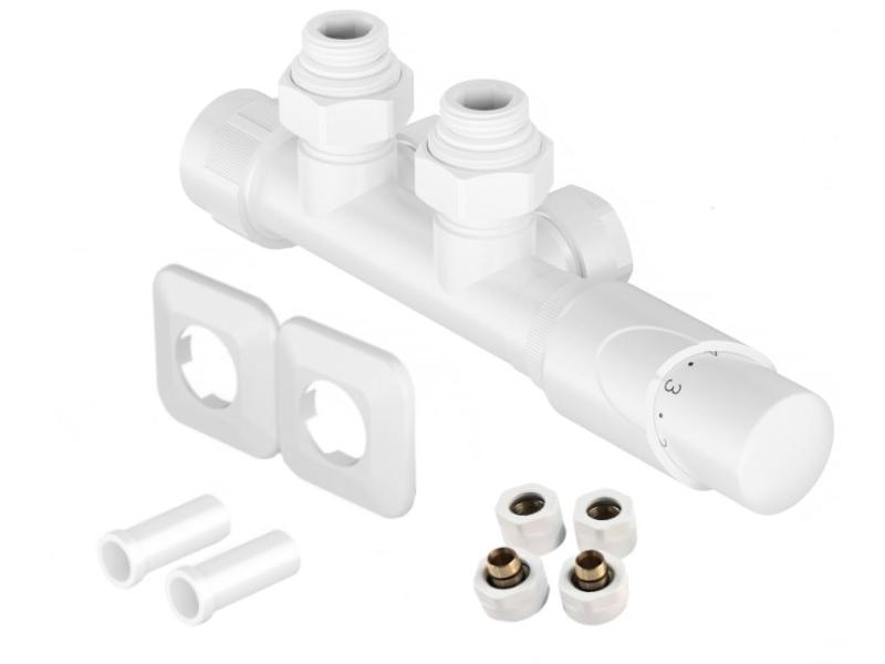 HYBRID-SADA, střed.ventil s hlavicí+svěrné šroub.Cu+Al-Pex, plast.rozeta+krycí trubičky,bílá barva
