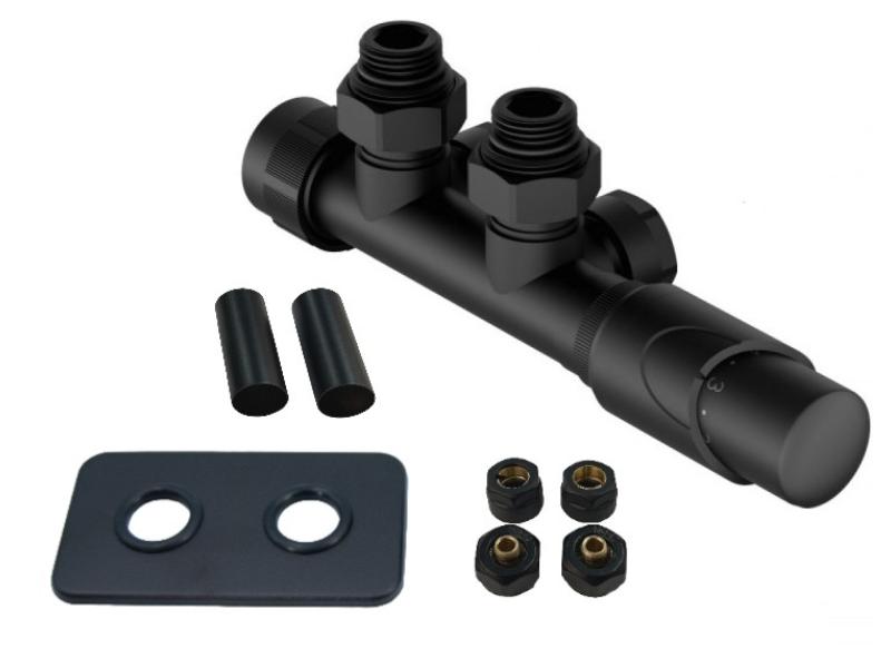 HYBRID-SADA, střed.ventil s hlavicí+svěrné šroub.Cu+Al-Pex, mosaz.rozeta+krycí trubičky,černá barva