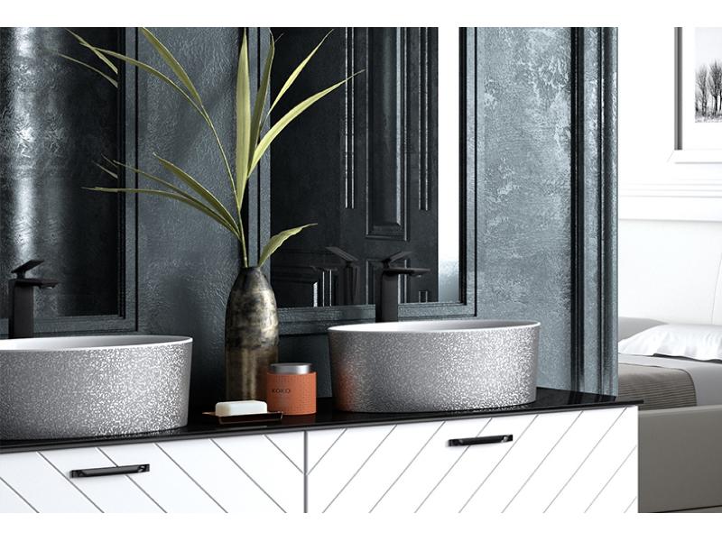 umyvadlo na desku UNIQA, z litého mramoru, 465x325x170 mm, GLAM02 stříbrná barva / bílá barva