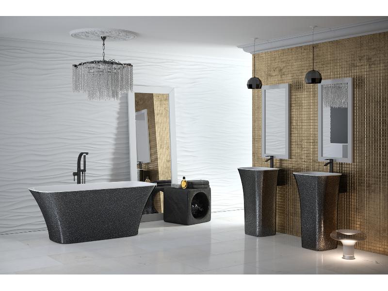 vana volně stojící z litého mramoru ASSOS 1600x700 mm, GLAM03 grafit / bílá barva, sifon chrom