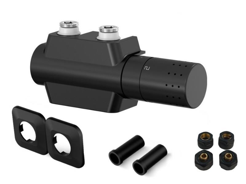 UNI-SADA, střed.ventil s hlavicí+svěrné šroub.Cu+Al-Pex, plast.rozeta+krycí trubičky,černá barva