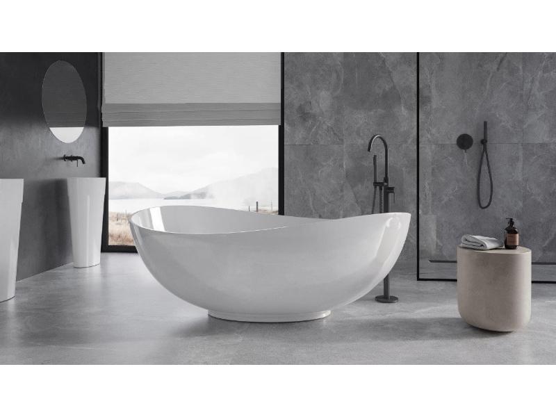 vana volně stojící z litého mramoru SIYA 1715 x 1100 mm, bílá barva, černý sifon