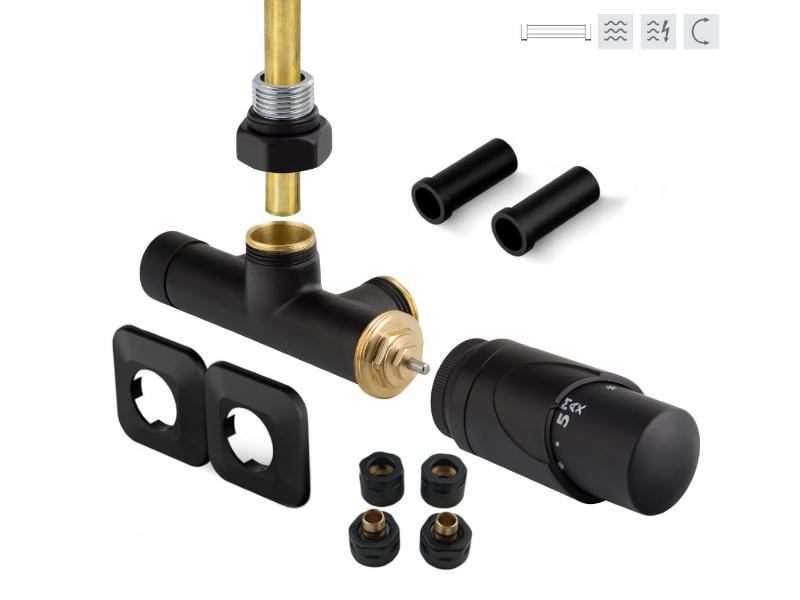 ONE-SADA, 1-bodový ventil s hlavicí+svěrné šroub.Cu+Al-Pex, plast.rozeta+krycí trubičky,černá barva